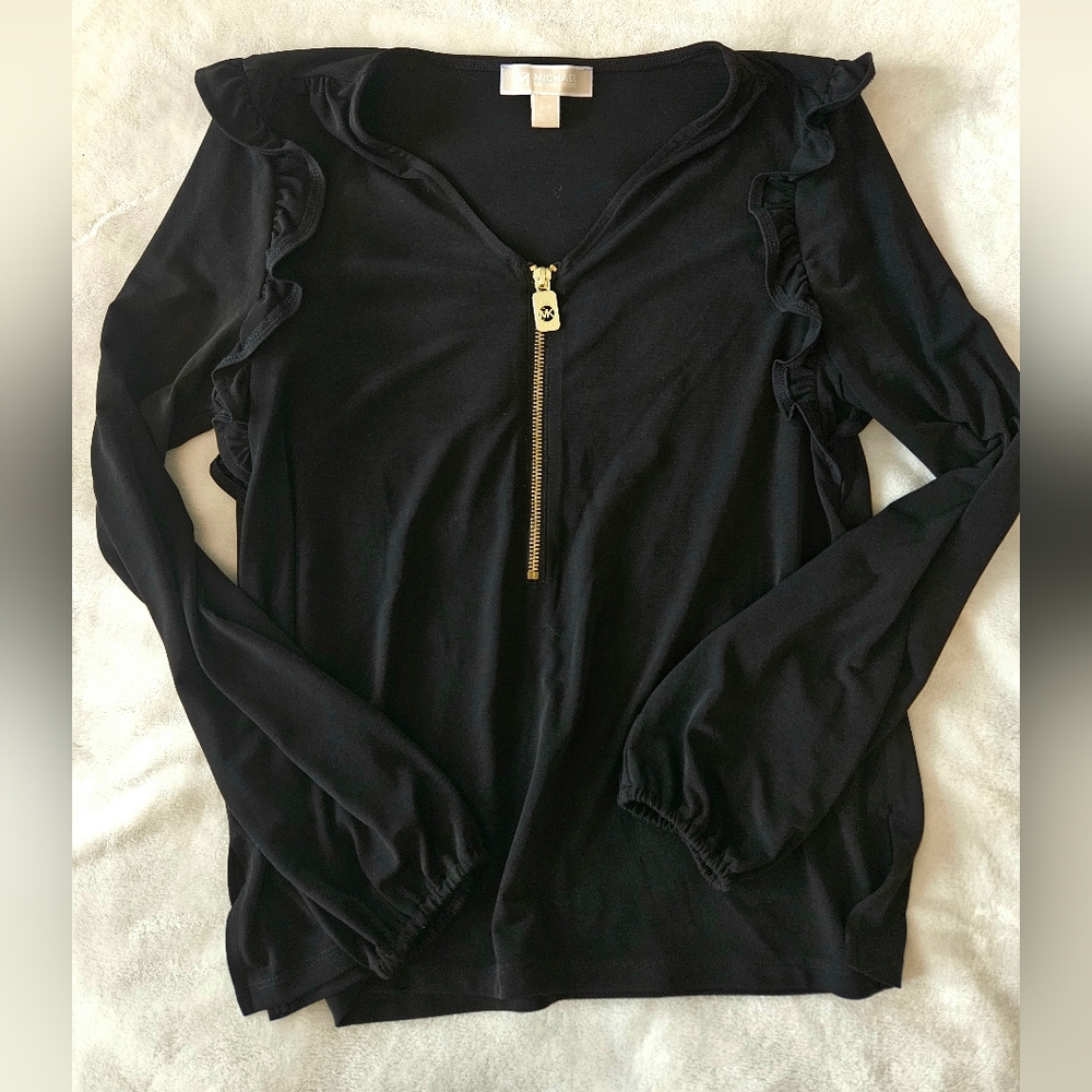 MICHAEL Michael Kors Black Ruffled Top with Gold Zip